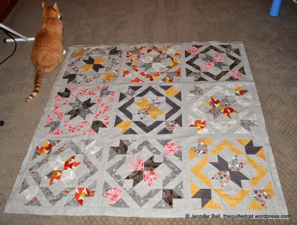 SLSB QAL Quilt Top, Indoors with Cat Inspector